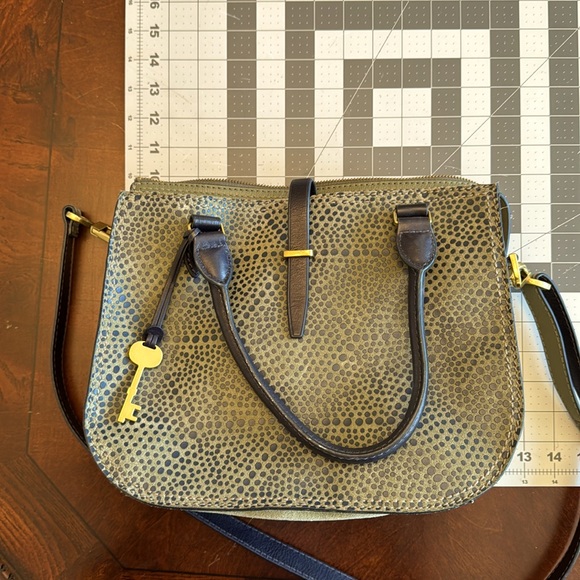 Fossil Olive Navy Dotted Genuine Leather 2-in-1 Satchel Cross Body Bag - Picture 10 of 13